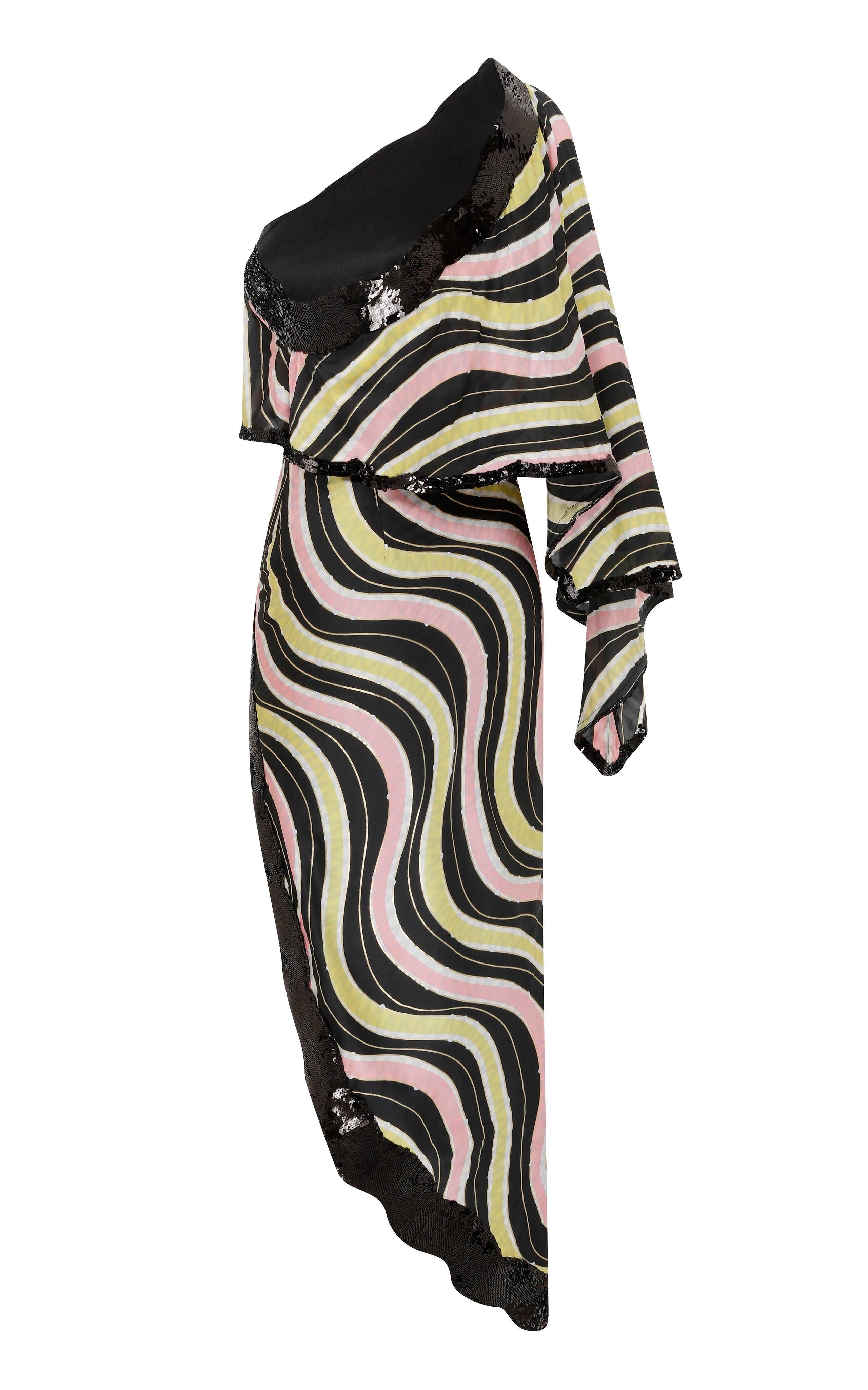 Amazonica Chiffon Wavy Striped One Shoulder Midi Dress with Black Sequin and High Slit Details