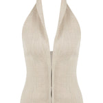 Beige Linen Halter Neck Top With Open Front Detail