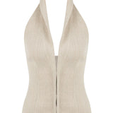 Beige Linen Halter Neck Top With Open Front Detail