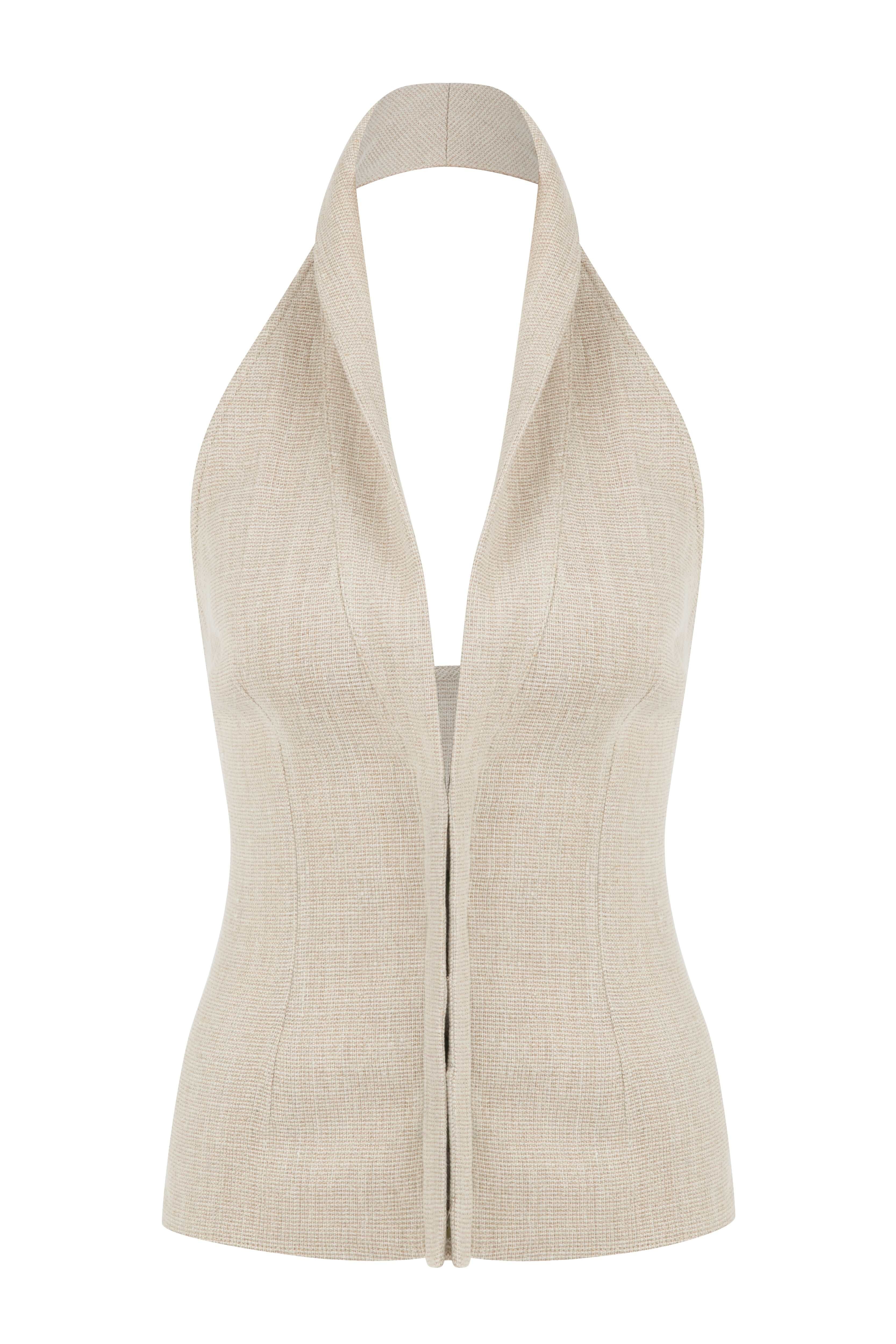 Beige Linen Halter Neck Top With Open Front Detail