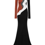 African Color Blocked Maxi Dress with Transparent Decolette Detail