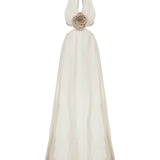 Cream Linen Halter Neck Maxi Dress With Cut Out And Flower Details