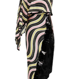 Amazonica Chiffon Wavy Striped One Shoulder Midi Dress with Black Sequin and High Slit Details