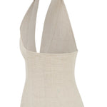 Beige Linen Halter Neck Top With Open Front Detail