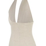 Beige Linen Halter Neck Top With Open Front Detail