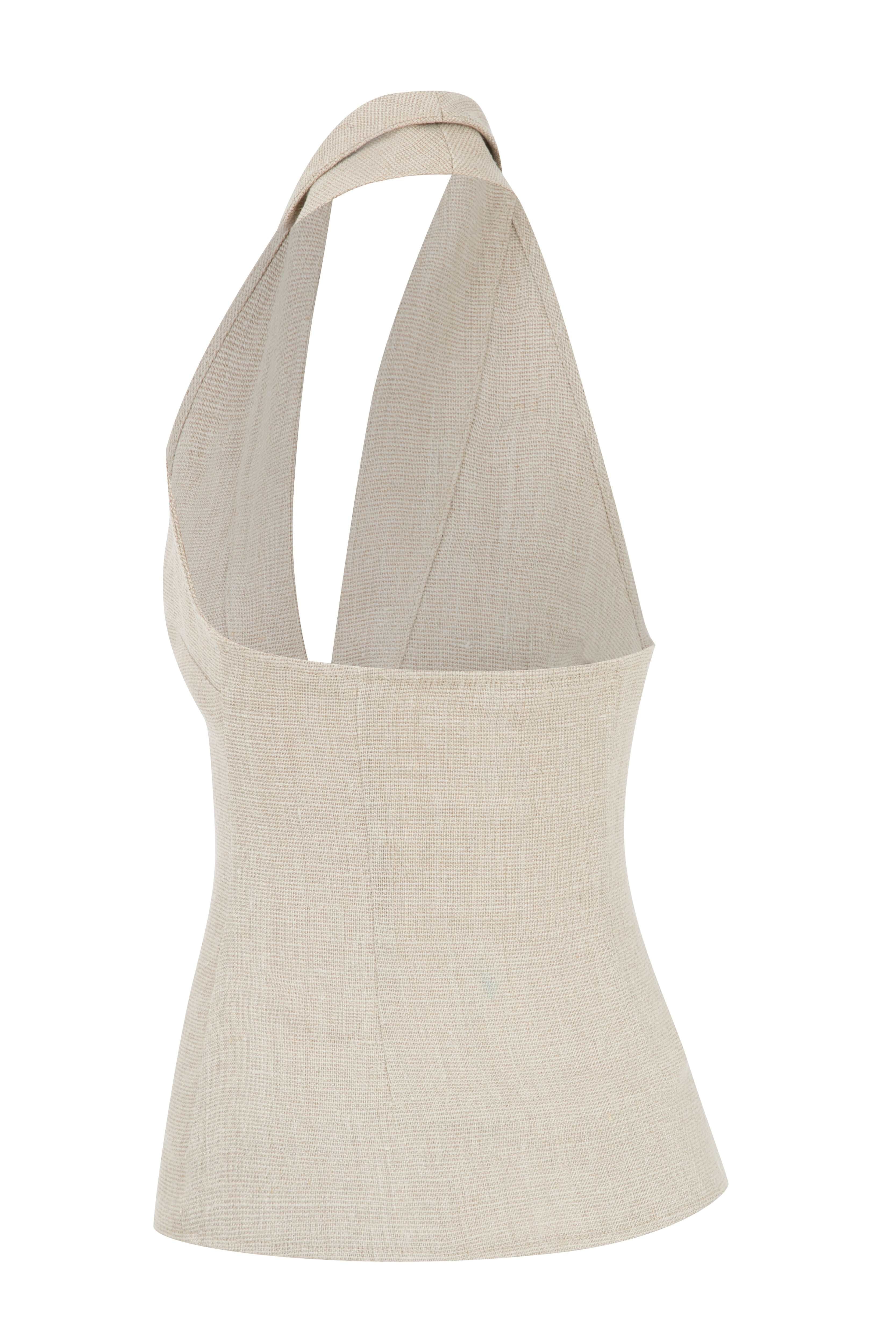 Beige Linen Halter Neck Top With Open Front Detail