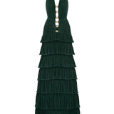 Halter Neck Ruffled Maxi Dress With Gold Accessory Detail