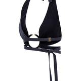 Navy Linen Halter Neck Top with Round Accessory