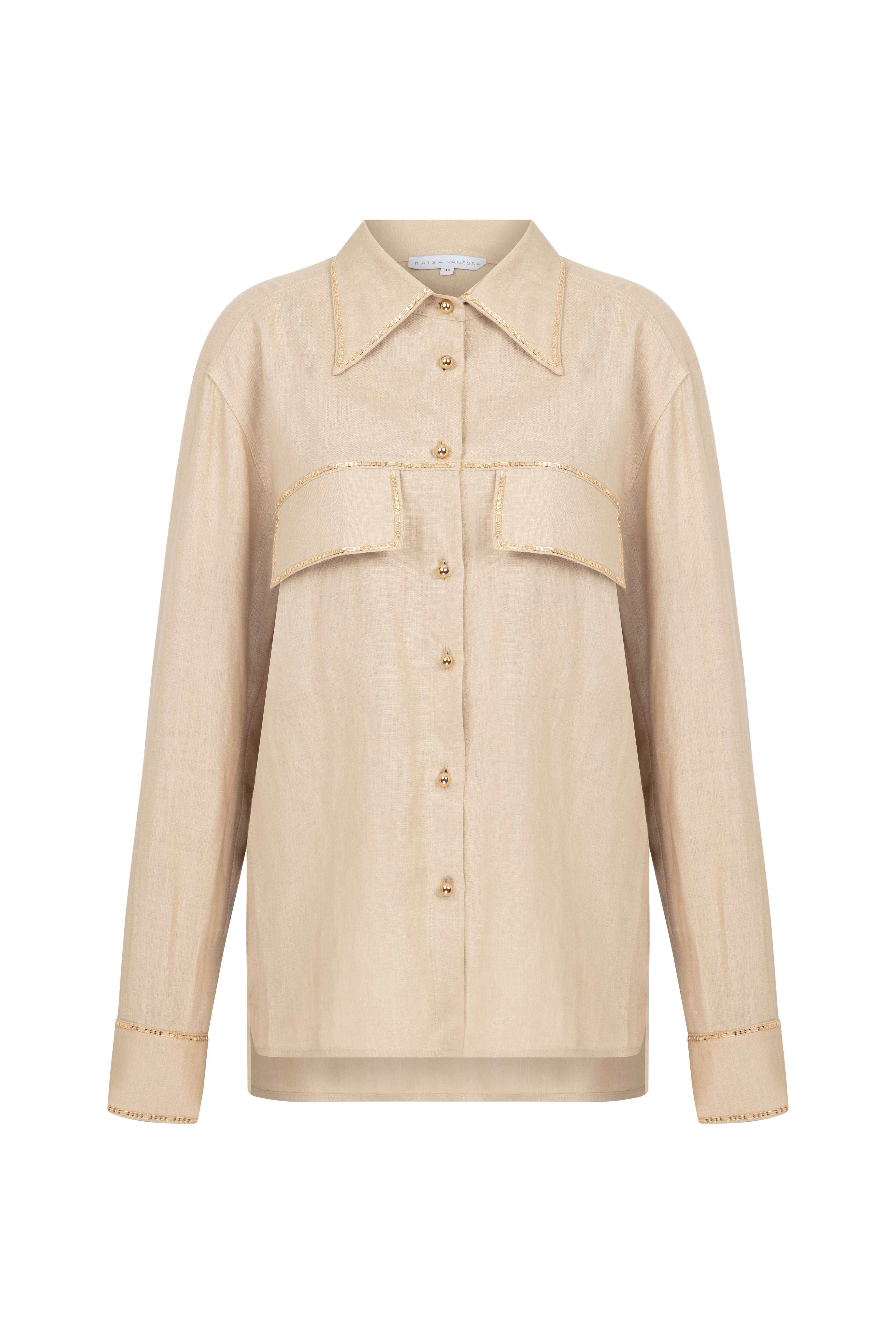 Beige Linen Shirt With Gold Chain And Button Details