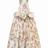 Flower Printed Silk Shantung Corseted Ball Gown
