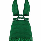 Emerald Green Halter Neck Hand Embroidered Sequined Chiffon Mini Dress