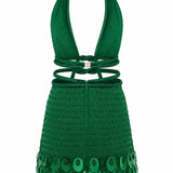 Emerald Green Halter Neck Hand Embroidered Sequined Chiffon Mini Dress