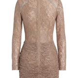 Turtle Neck Draped Lace Mini Dress With Ruffle Details
