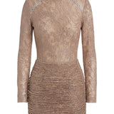 Turtle Neck Draped Lace Mini Dress With Ruffle Details