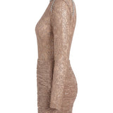 Turtle Neck Draped Lace Mini Dress With Ruffle Details