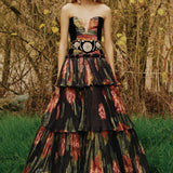 Velvet and Floral Printed Strapless Layered Maxi Dress