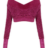 Crochet Velvet Crop Top with Fuschia Glitter Print Detail