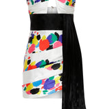 Multicolor Strapless Satin Mini Dress With Belt Detail