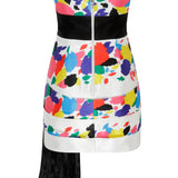 Multicolor Strapless Satin Mini Dress With Belt Detail