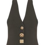 Black Knit V-Neck Vest With Gold Buttons