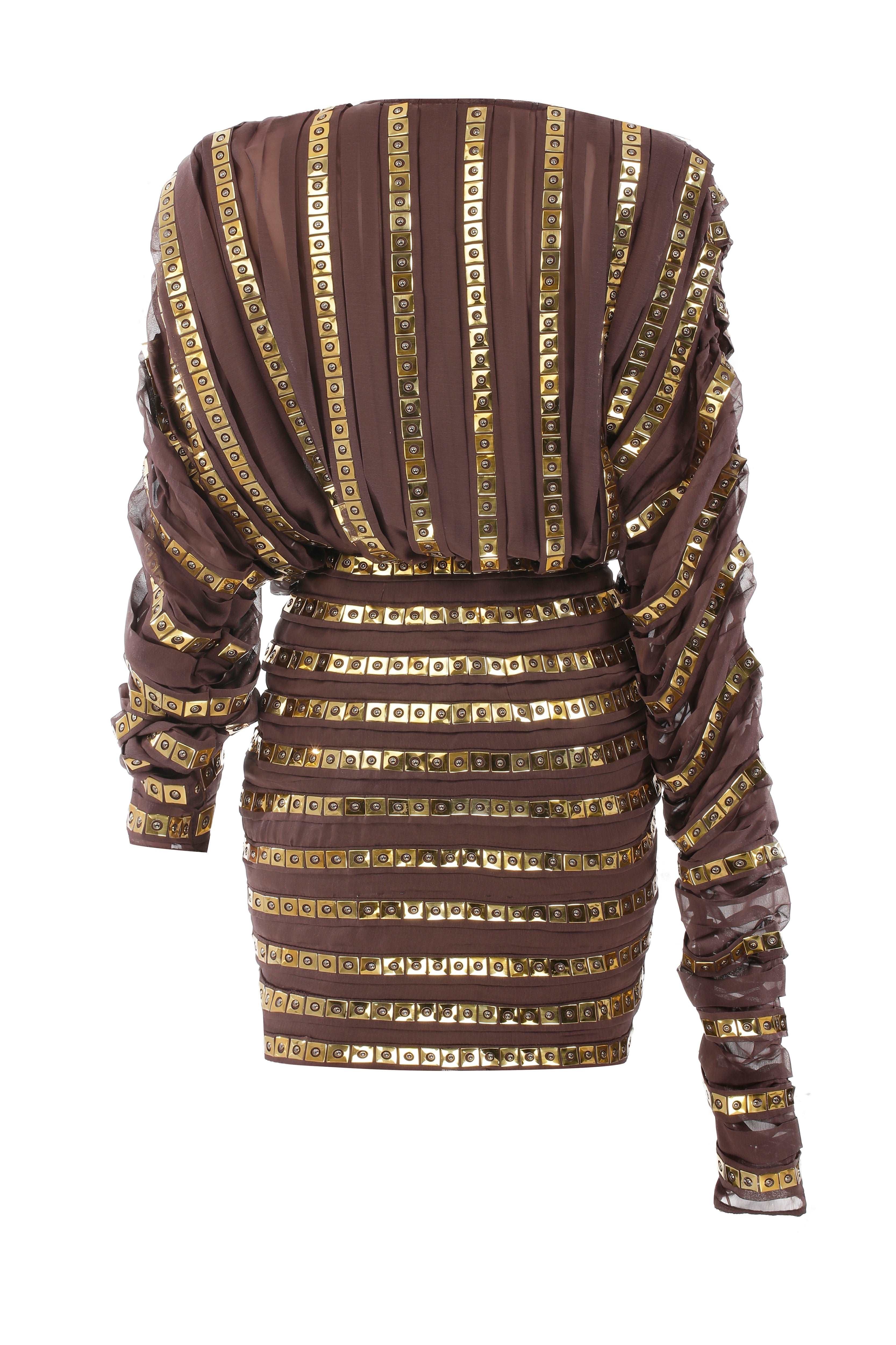 Brown Chiffon V-Neck Mini Dress with Gold Metallic Stones