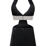 Velvet Black Mini Dress with Halter Strap and Crystal Stone Detail