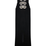 Strapless Black Velvet Corset Maxi Dress with High Slit and Crystal Accessory Detail