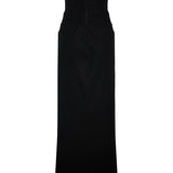 Strapless Black Velvet Corset Maxi Dress with High Slit and Crystal Accessory Detail