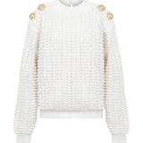 Cream Velvet Crochet Sweater with Gold Buttons