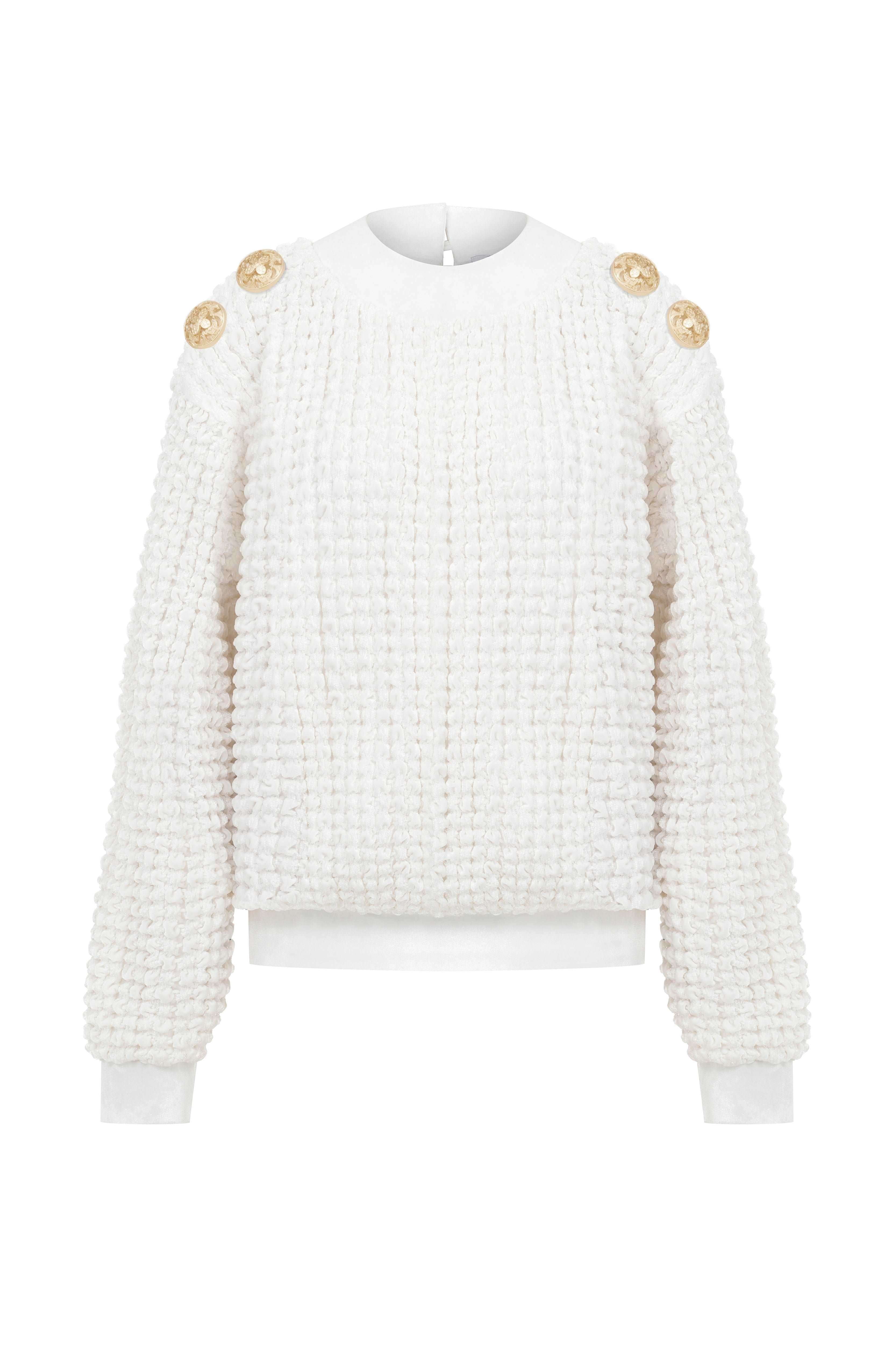 Cream Velvet Crochet Sweater with Gold Buttons