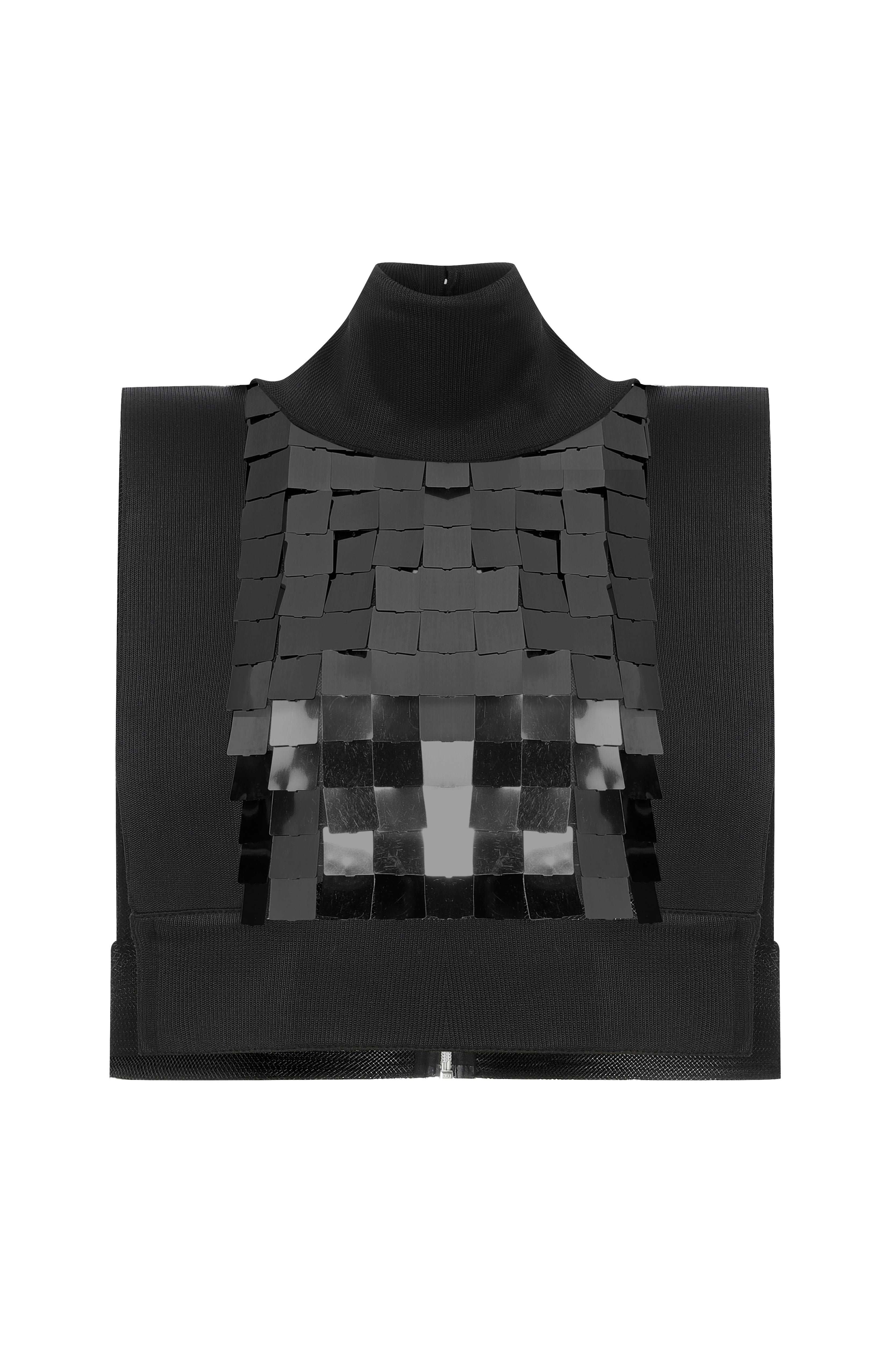 Black Square Sequined Crop Top with High Neck And Knit Details