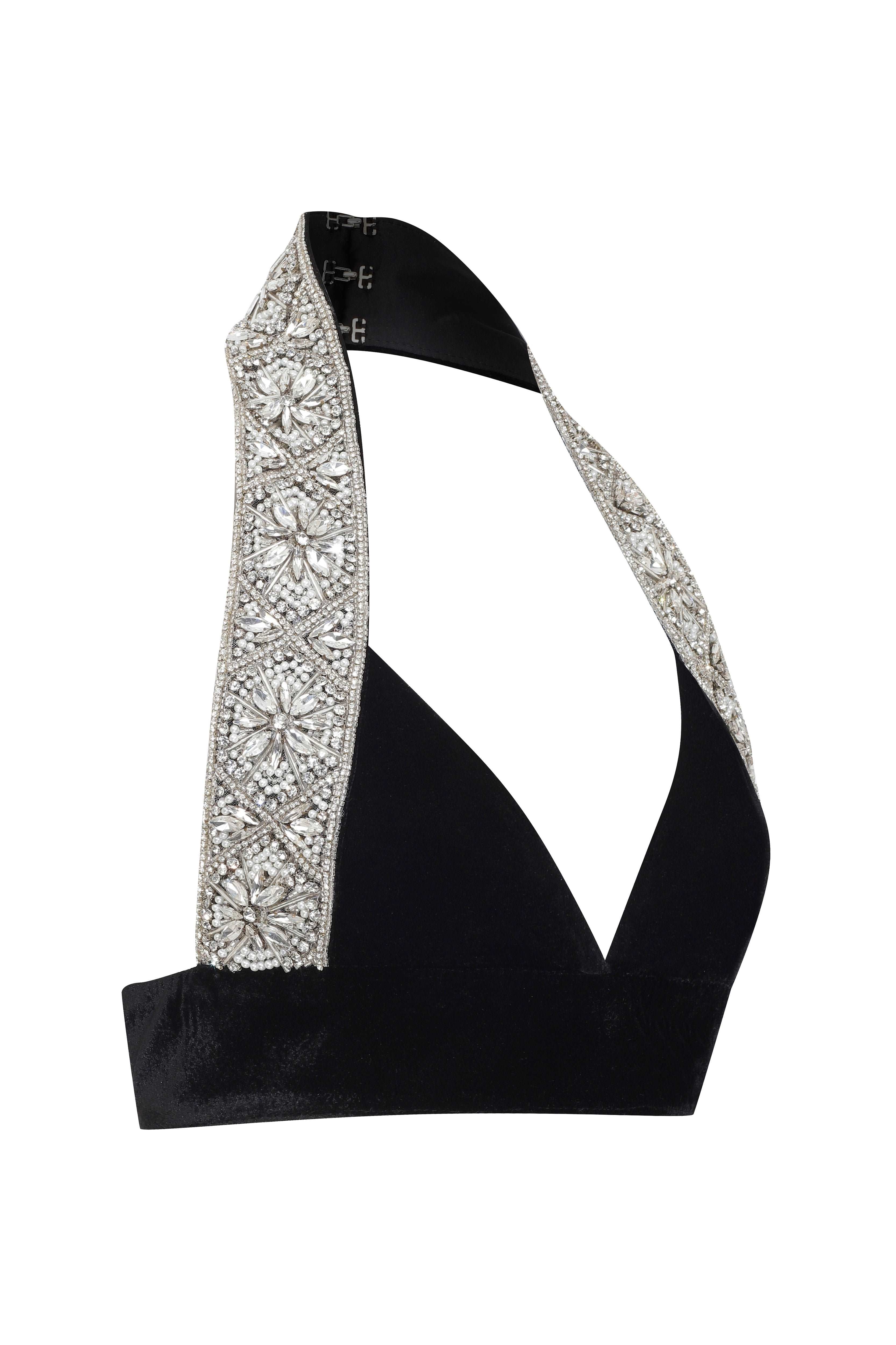 Black Velvet Halter Strap Top with Crystal Beading Details