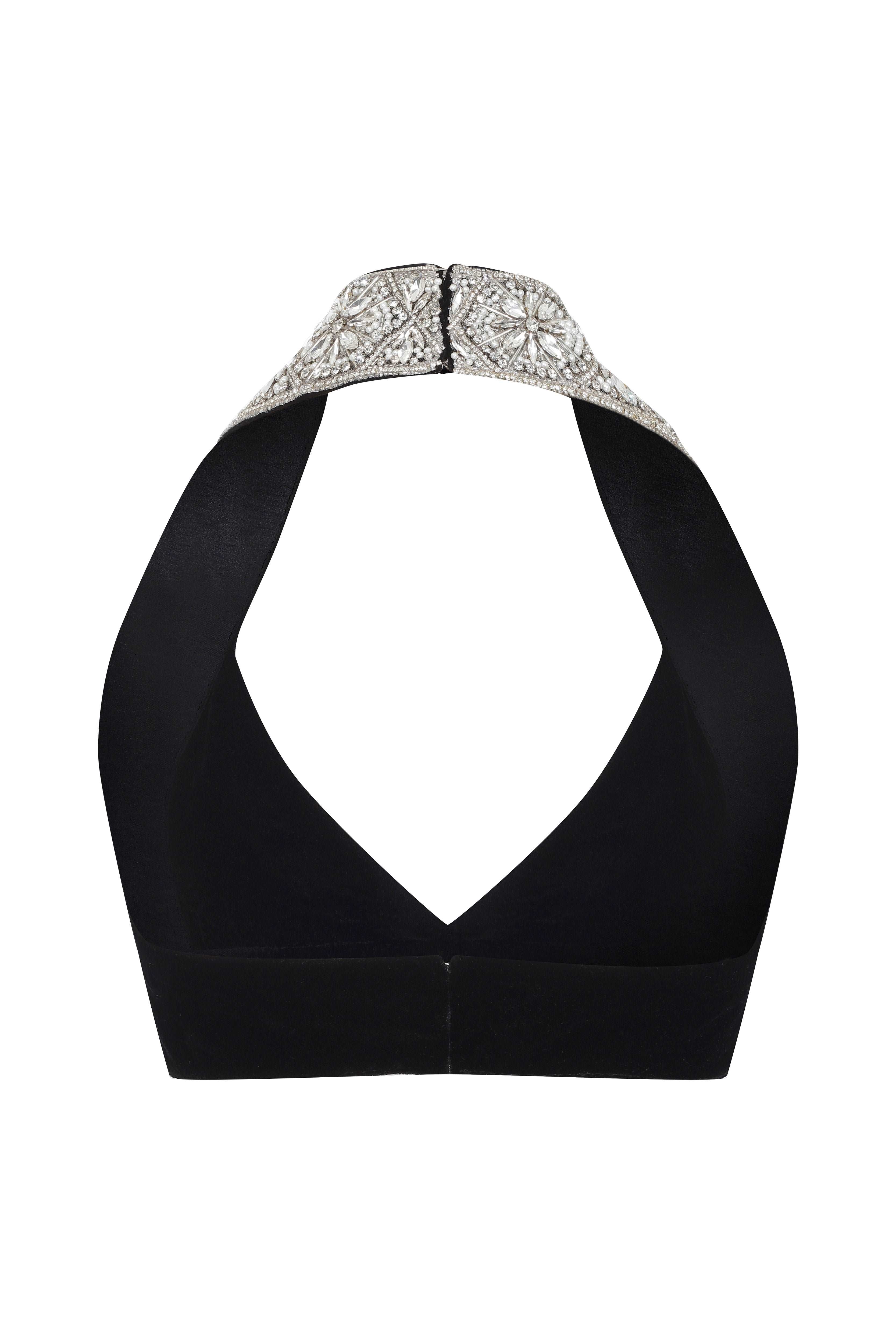 Black Velvet Halter Strap Top with Crystal Beading Details