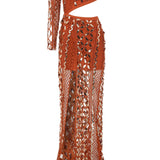 One Shoulder Crystal Embellishements Lace Maxi Dress with Hologram Details