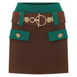 Knit Brown Mini Skirt with Green Pockets and Gold Belt Detail