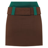 Knit Brown Mini Skirt with Green Pockets and Gold Belt Detail