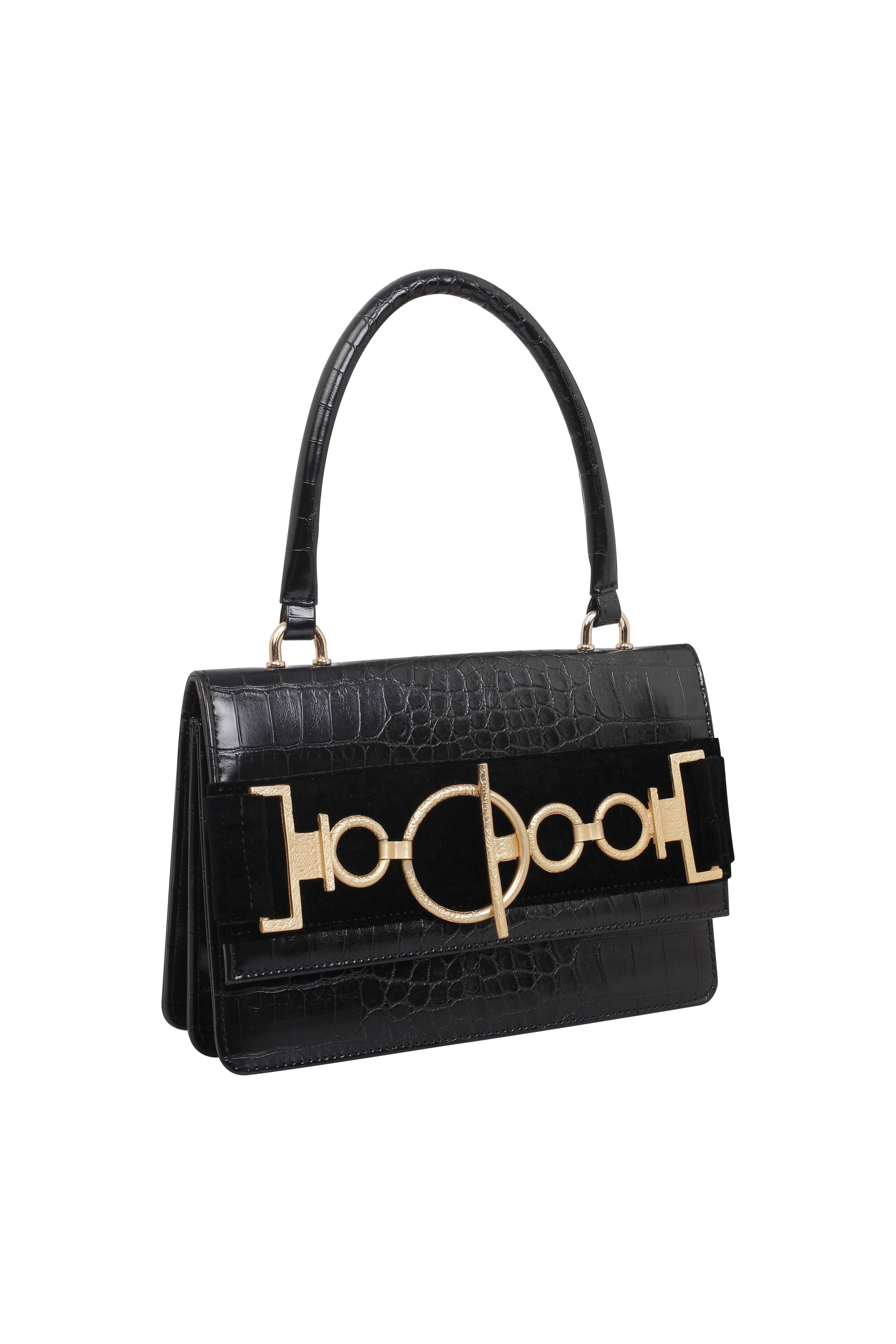 Black Rugan Handbag with Gold Metal Detail