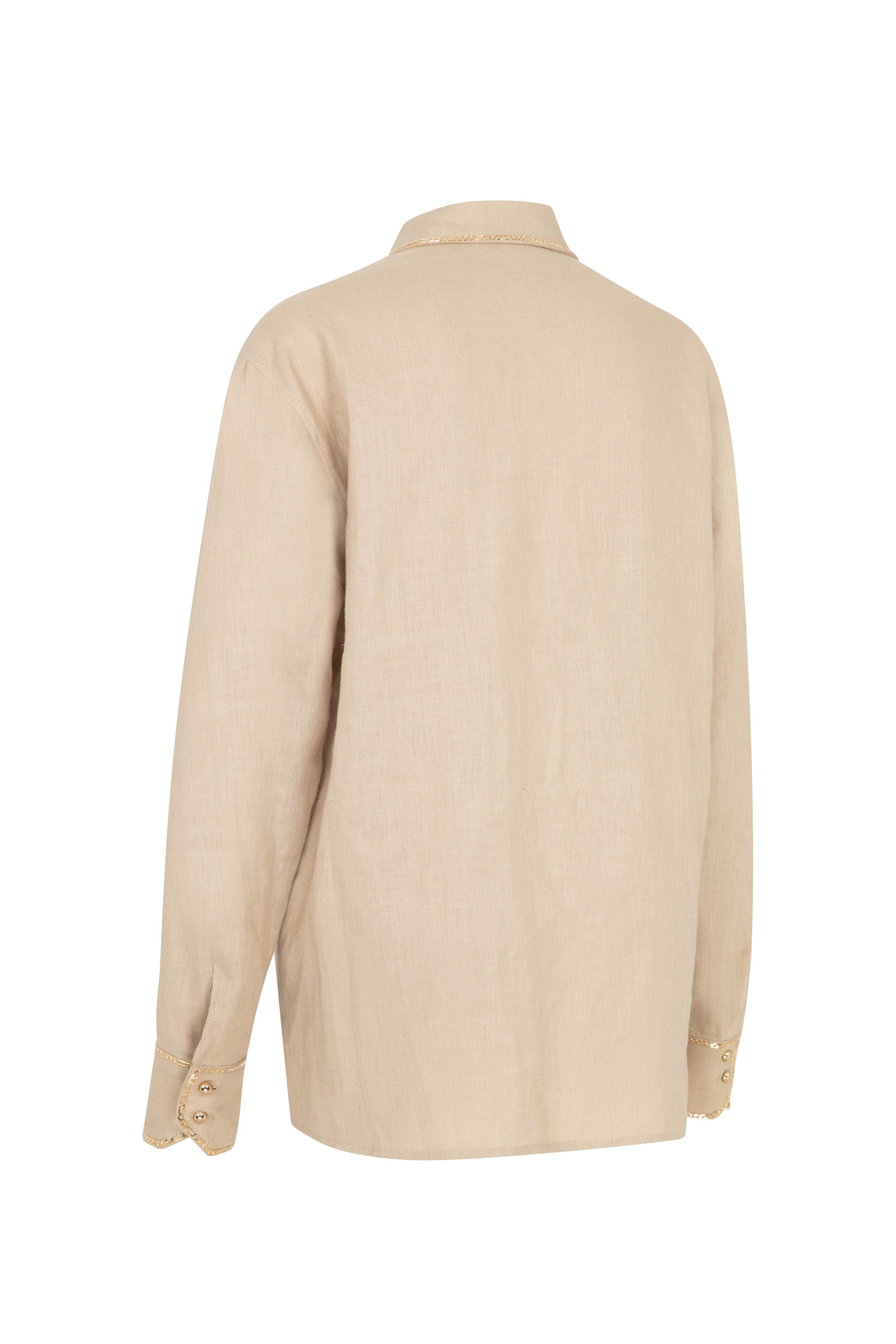 Beige Linen Shirt Without Gold Chain And Button Details