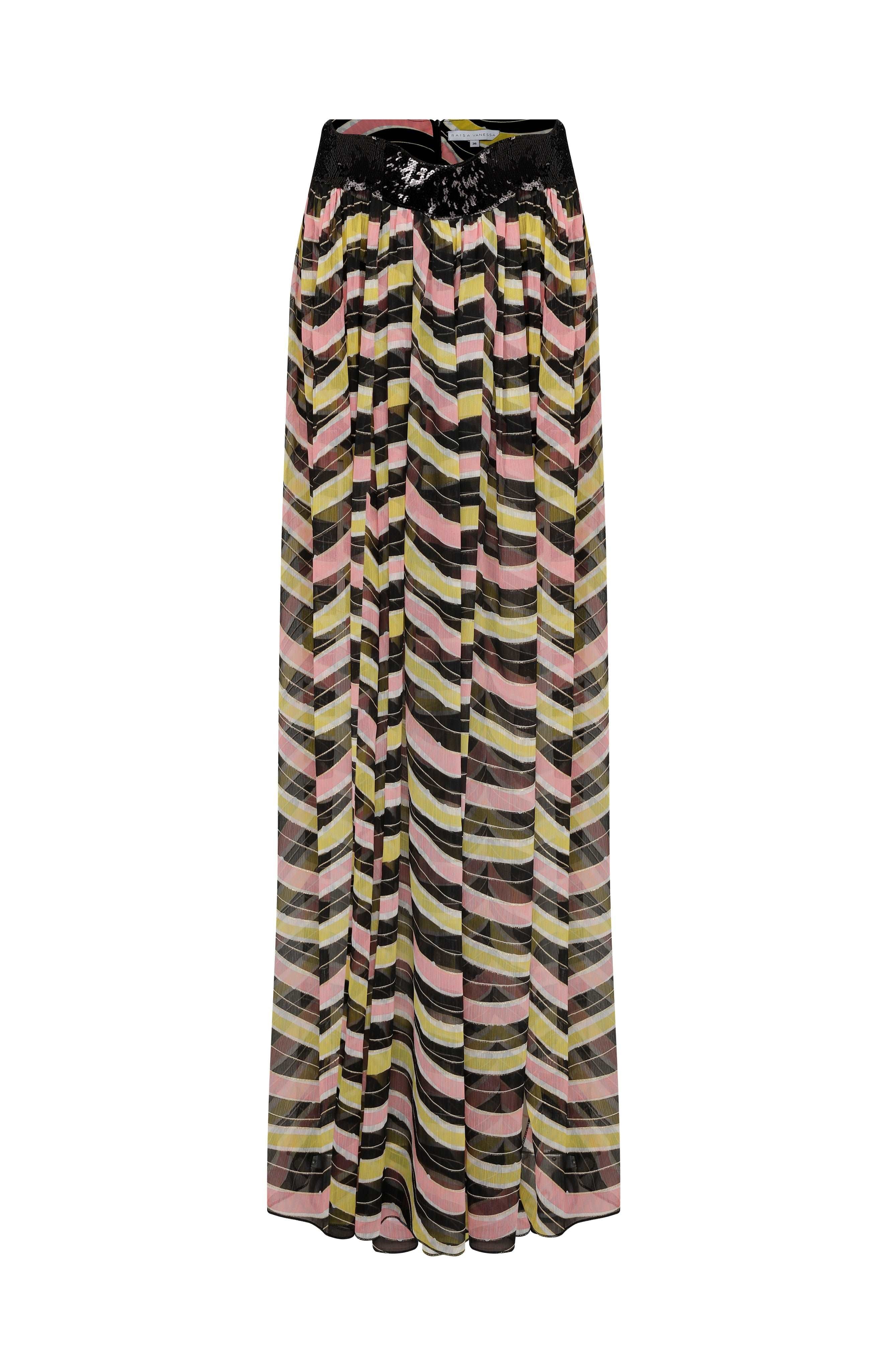 Amazonica Chiffon Wavy Striped Maxi Skirt with Black Sequin and High Slit Details