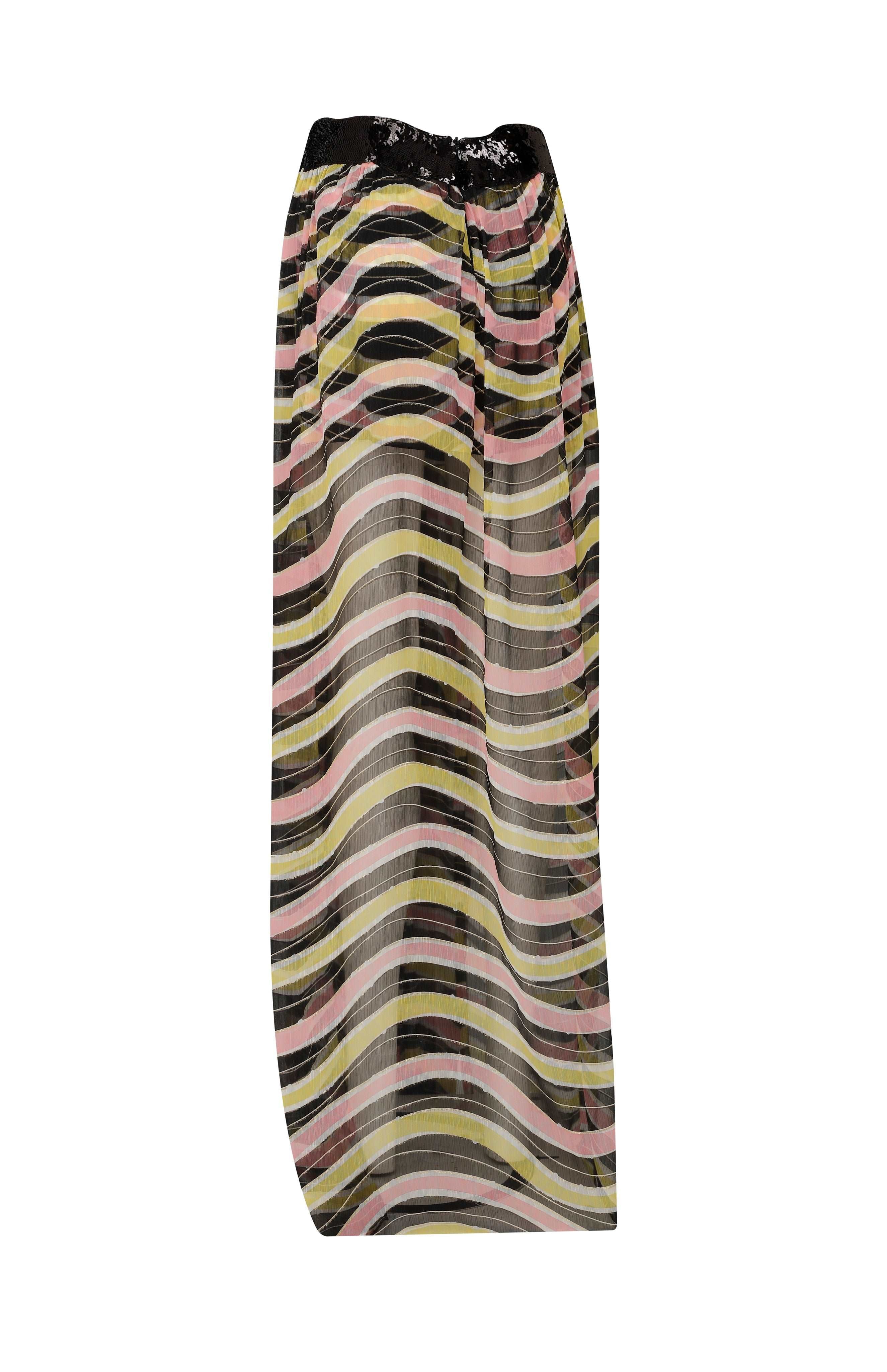 Amazonica Chiffon Wavy Striped Maxi Skirt with Black Sequin and High Slit Details