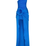 Blue One Shouldered Maxi Dress With Embroidery And Flower Details