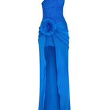 Blue One Shouldered Maxi Dress With Embroidery And Flower Details