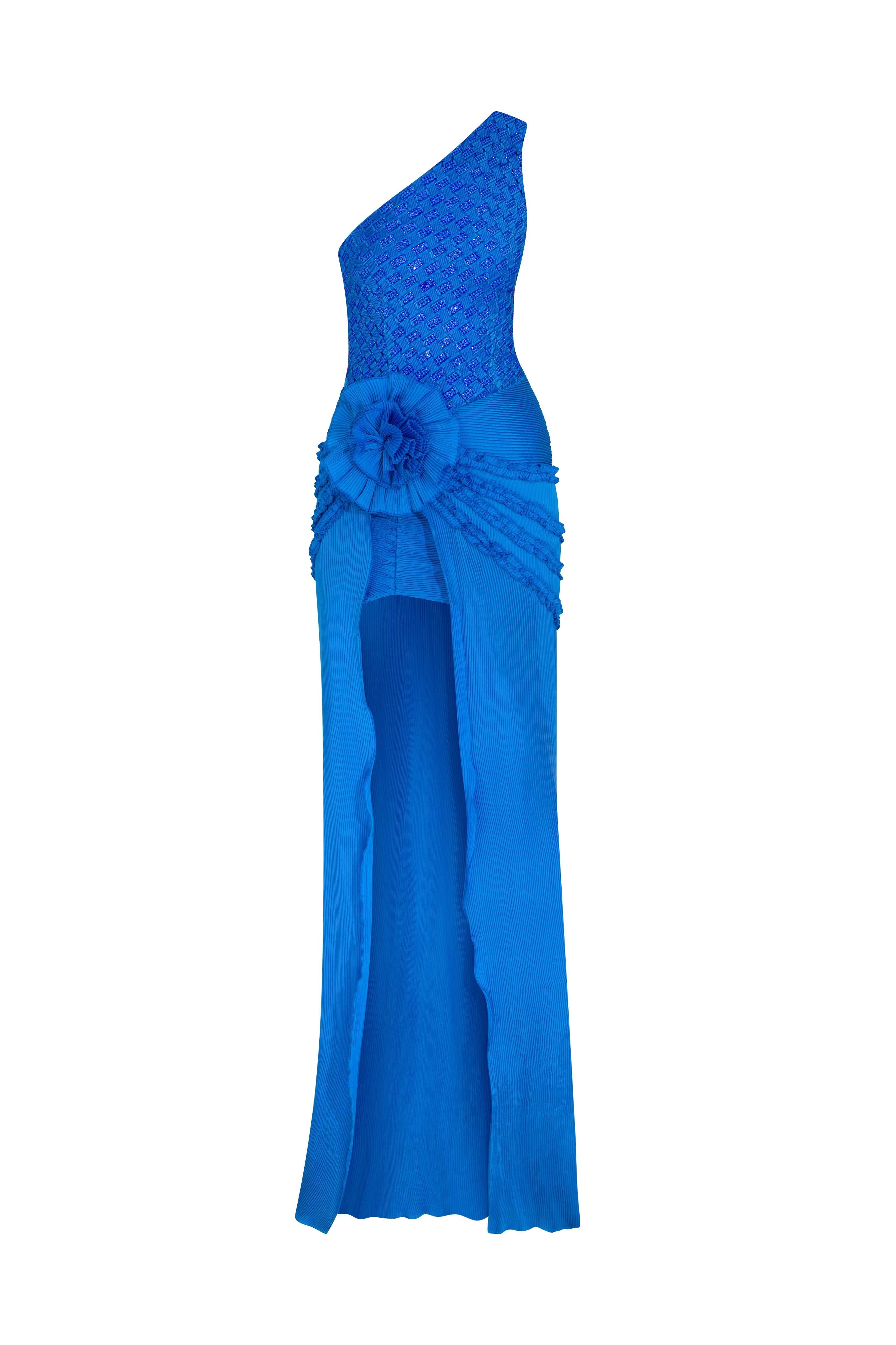 Blue One Shouldered Maxi Dress With Embroidery And Flower Details