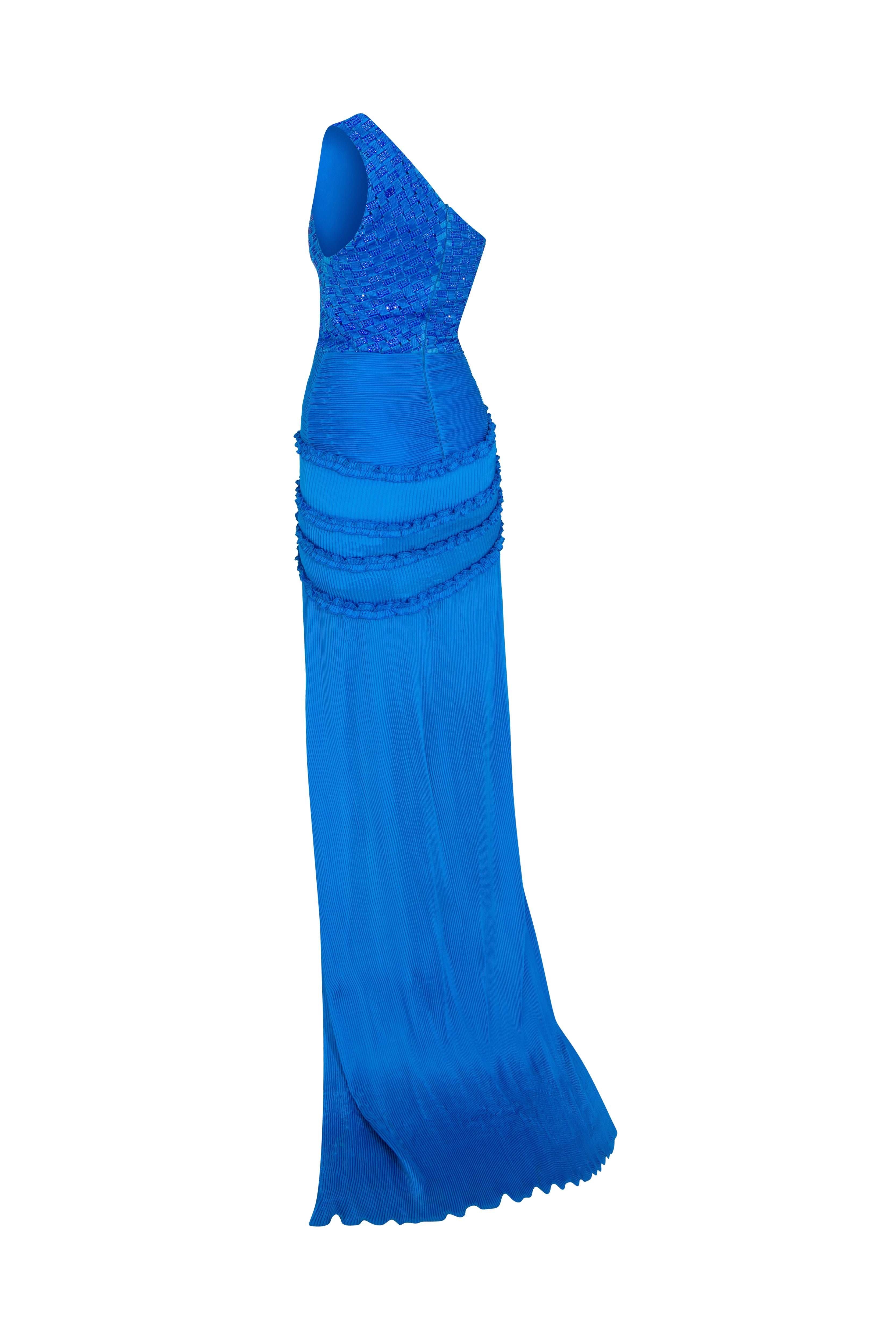 Blue One Shouldered Maxi Dress With Embroidery And Flower Details