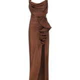 Brown Halter Neck Maxi Dress With Drape And High Slit Details