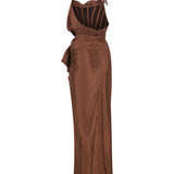 Brown Halter Neck Maxi Dress With Drape And High Slit Details