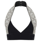 Black Velvet Halter Strap Top with Crystal Beading Details