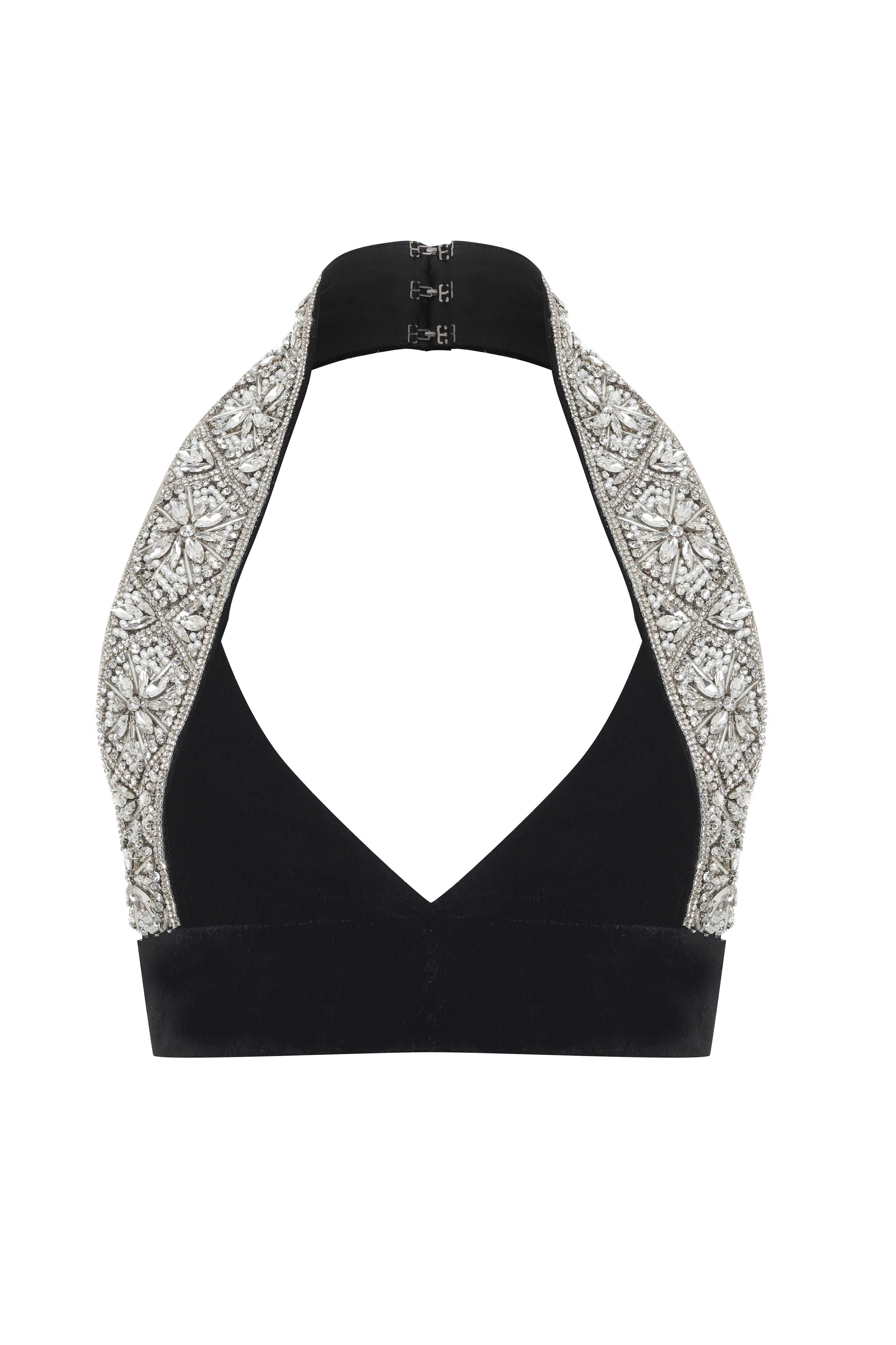 Black Velvet Halter Strap Top with Crystal Beading Details