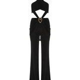 Halter Neck Buzi Skirt Pant Jumpsuit with Gold Chain