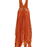 Halter Neck Pleated Chiffon Asymmetrical Maxi Dress with Gold Embroidery